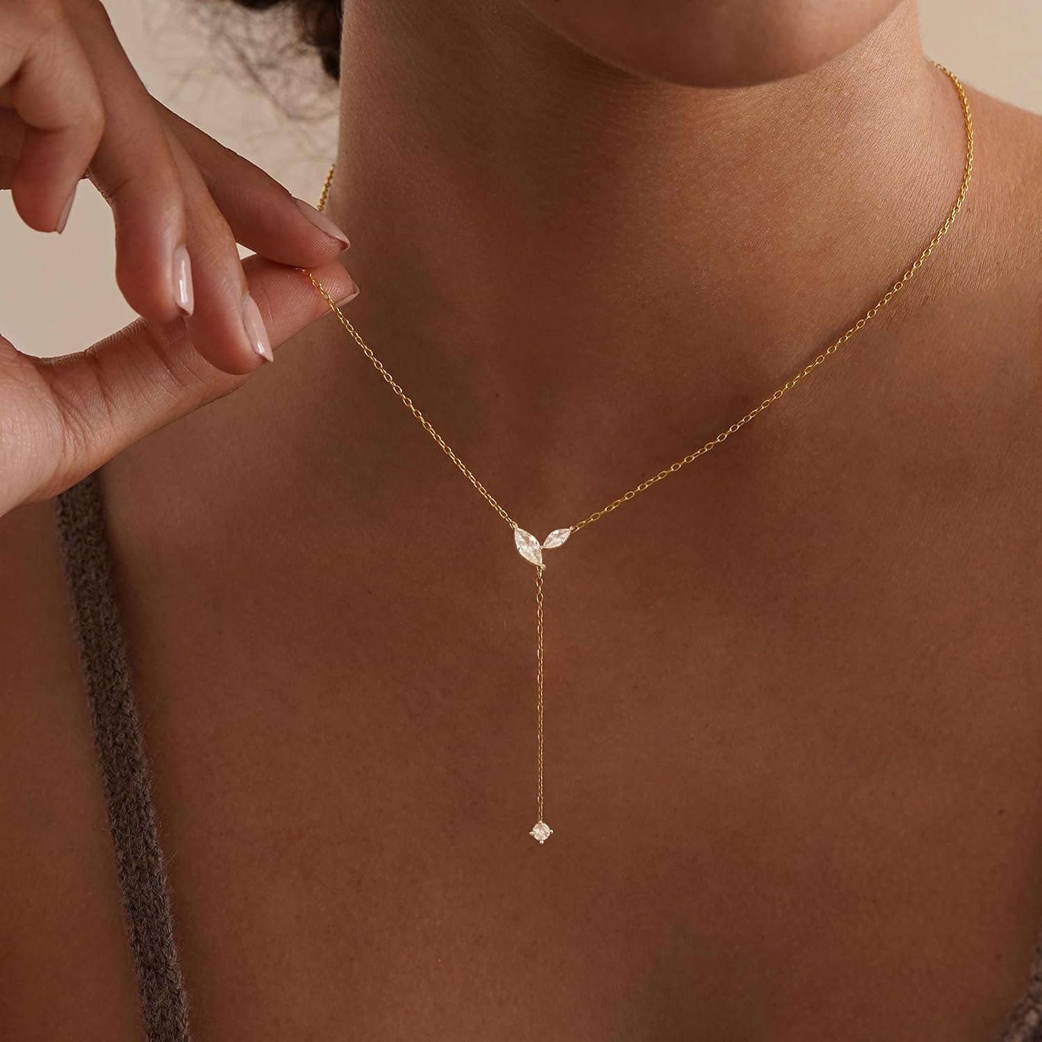 Long Necklaces for Women Trendy, 14K Gold Plated CZ Drop Necklace | Dainty Gold Necklace, Simple CZ Y Shaped Lariat Necklace, Statement Western Necklace, Non Tarnish Gold Jewelry Gifts