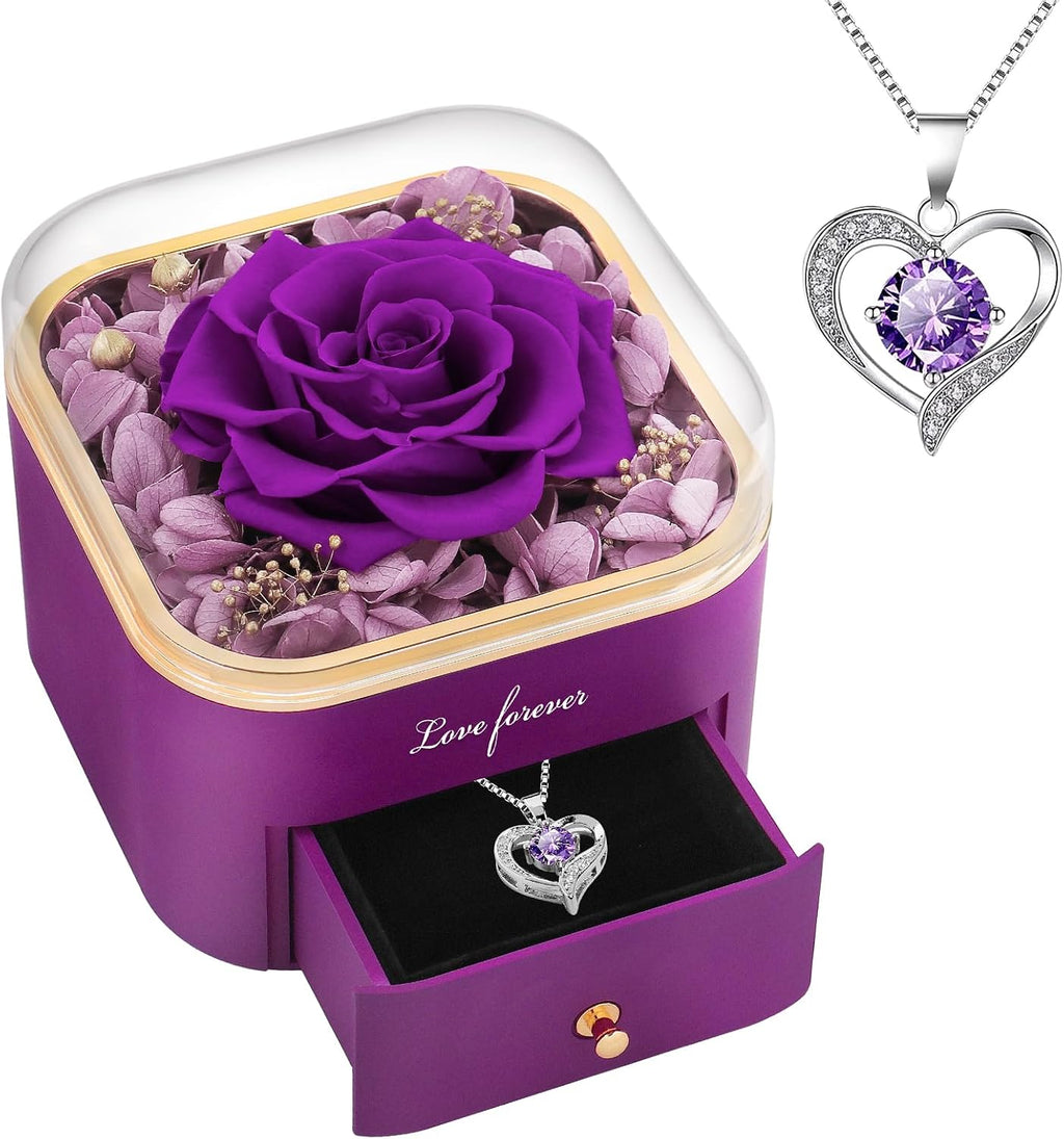 Beferr Birthday Gifts for Women Preserved Real Rose with Necklace Eternal Purple Roses Forever Flowers for Delivery Anniversary Mothers Day Flower Gifts for Mom Wife Grandma Daughter Her Girlfriend