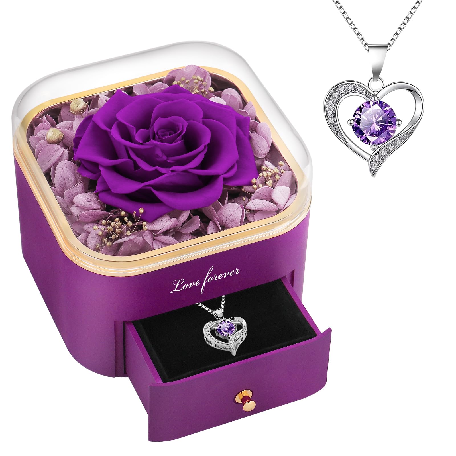Beferr Birthday Gifts for Women Preserved Real Rose with Necklace Eternal Purple Roses Forever Flowers for Delivery Anniversary Mothers Day Flower Gifts for Mom Wife Grandma Daughter Her Girlfriend