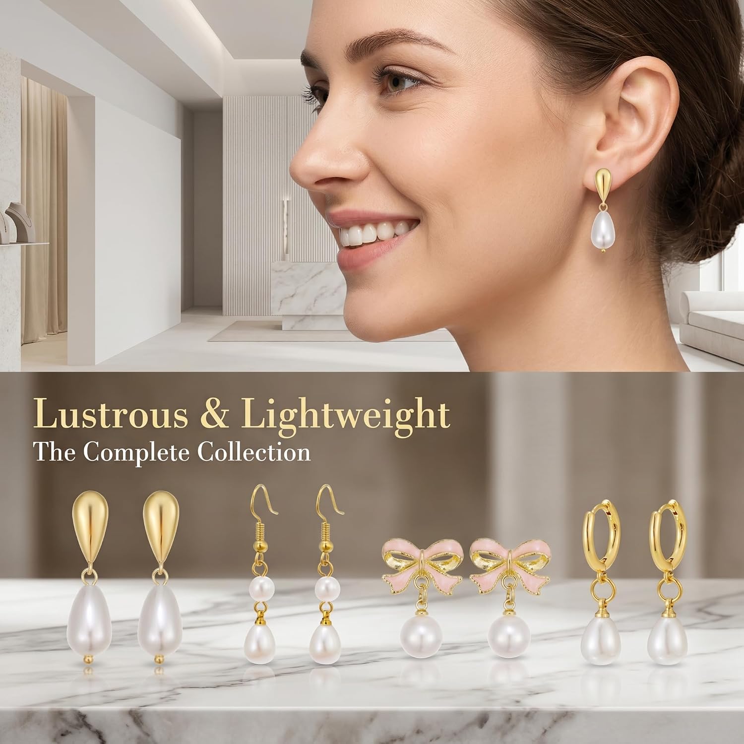 4 Pairs Dainty Pearl Earrings Set for Women | Hypoallergenic 14K Gold Plated White Pearl Ball Stud Dangle Hoop Earrings Pack for Sensitive Ears, Bridal Studs Jewelry