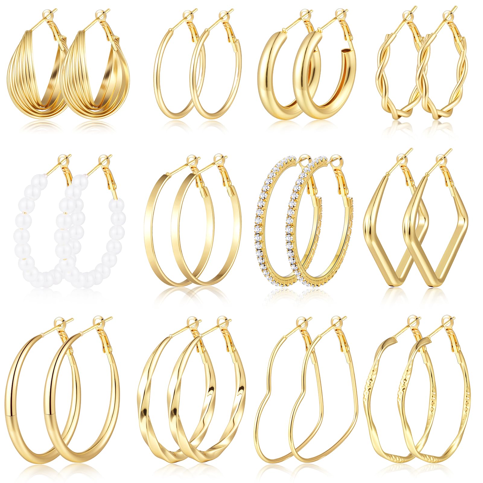 12 Pairs Gold Hoop Earrings Set for Women，Fashion Jewelry Gifts 40mm/50mm | Large/Big, Trendy, Pearl, Multiple Styles, lightweight, 14K Gold-plated, Hypoallergenic, Great for Party/Gathering/Work/Daily