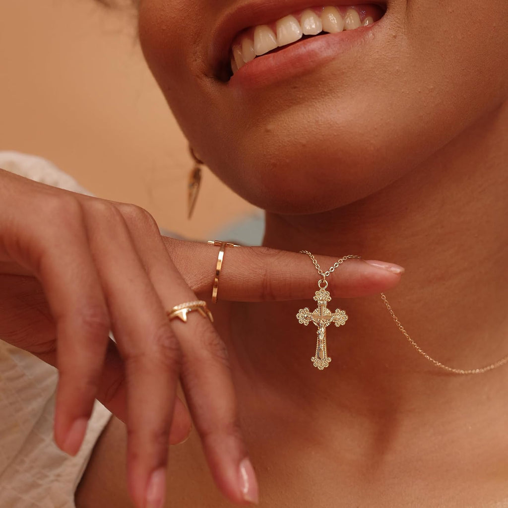 Fettero Cross Necklace for Women Faith Pendant 14K Plated Dainty Chain Necklaes Minimalist Simple Tiny God Lords Prayer Religious Jewelry