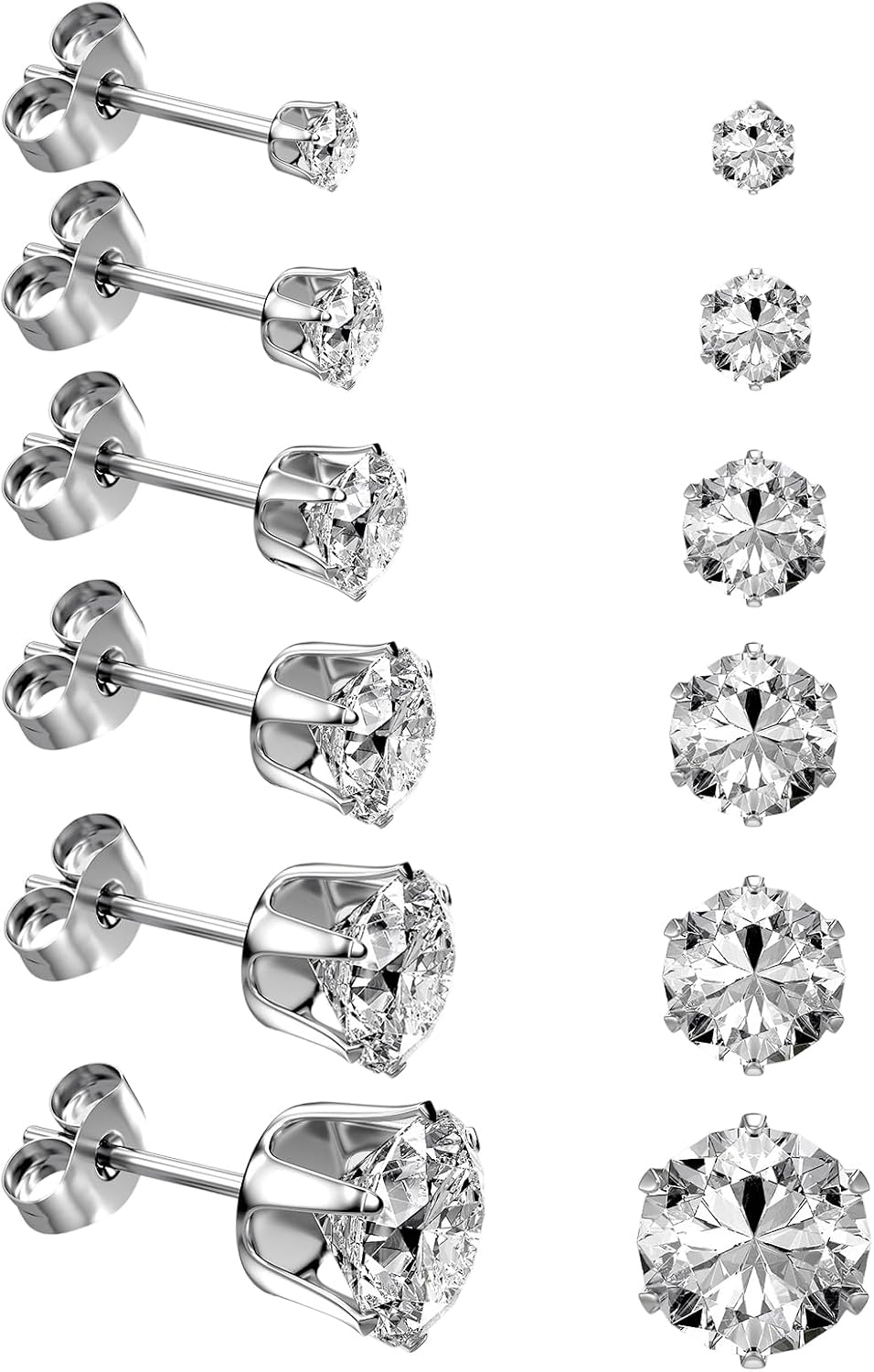 6/12 Pairs Silver Gold Stainless Steel Stud Earrings Set for Women Men | Hypoallergenic, 3 4 5 6 7 8 mm CZ, Lightweight, 14K Gold Plated Surgical 316L, Cubic Zirconia, Multiple Piercing Jewelry
