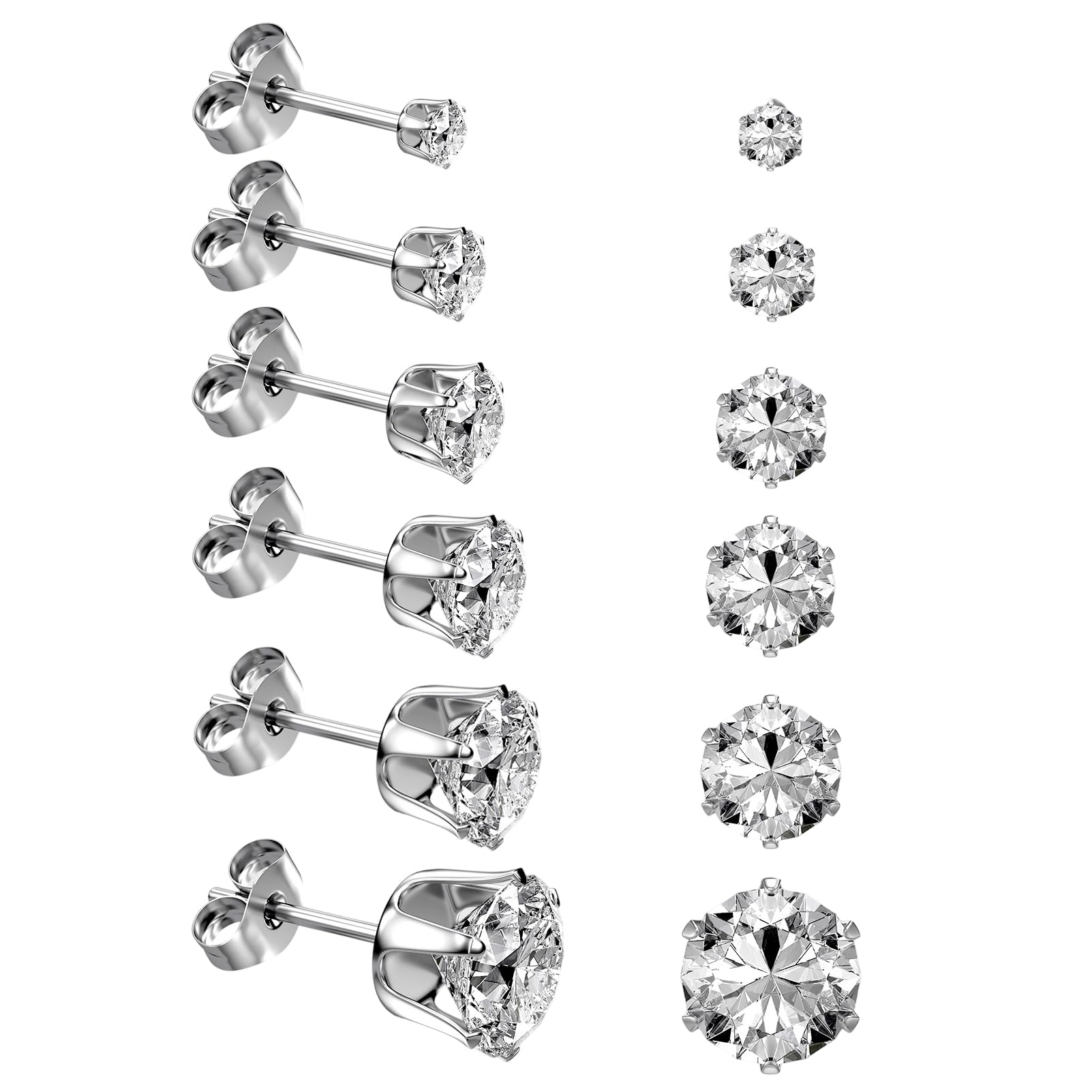 6/12 Pairs Silver Gold Stainless Steel Stud Earrings Set for Women Men | Hypoallergenic, 3 4 5 6 7 8 mm CZ, Lightweight, 14K Gold Plated Surgical 316L, Cubic Zirconia, Multiple Piercing Jewelry