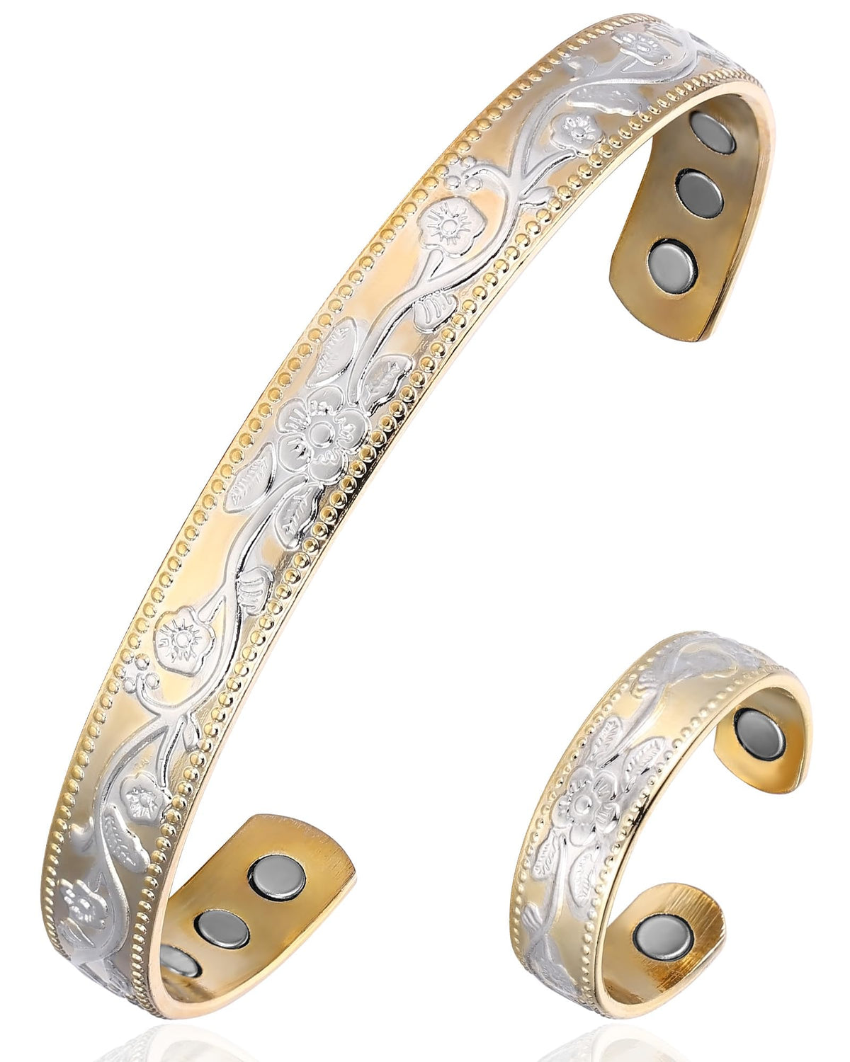BioMag Copper Magnetic Bracelet Set for Women Men, Pure Copper Jewelry Gift | 99.99% Pure Copper Cuff Bangle Lymphatic Drainage Rings with 3500 Gauss Magnets, Adjustable & Flower Pattern, Multicolor