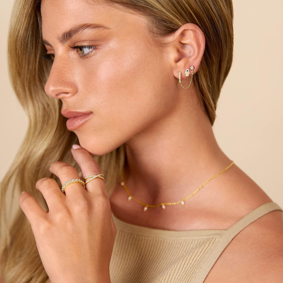 PAVOI 14K Gold Chain Earrings for Women | Double Piercing Dangle Chain Huggie Hoop Earrings | Cubic Zirconia Pearl Stud Ear Earrings for Women | Dangle Earrings for Women, Earring Stack, Ear Cuff Earrings, Cubic Zirconia Pearl Stud