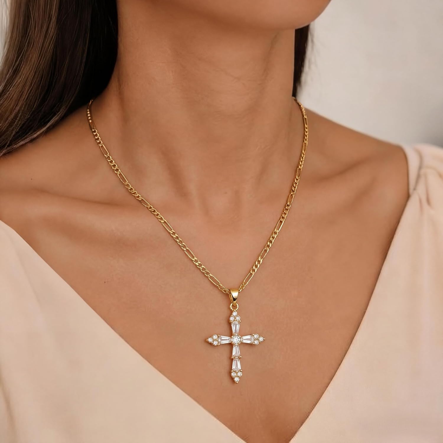 14K Gold Plated Cross Necklace for Women, Christian Jewelry | Hypoallergenic & Non-Tarnish Waterproof, Dainty Minimalist Everyday Wear, Baptism Confirmation Communion Faith Gift for Her