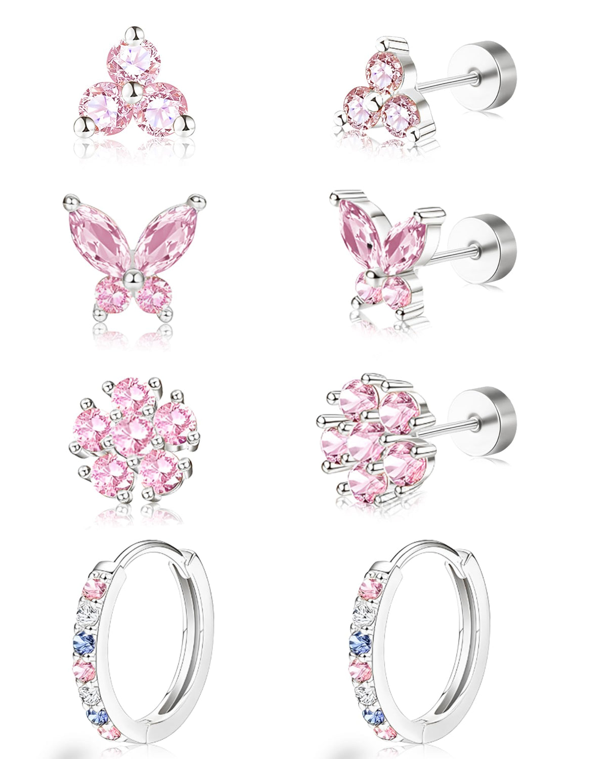 20G Gold Pink Studs Earrings for Women,14K Gold Plated Hypoallergenic Butterfly Earrings for Girls,4 Pairs Flower/Butterfly/Cubic Zirconia Cute Earring and Trendy Huggie Hoop Dainty Multipack Earring Sets