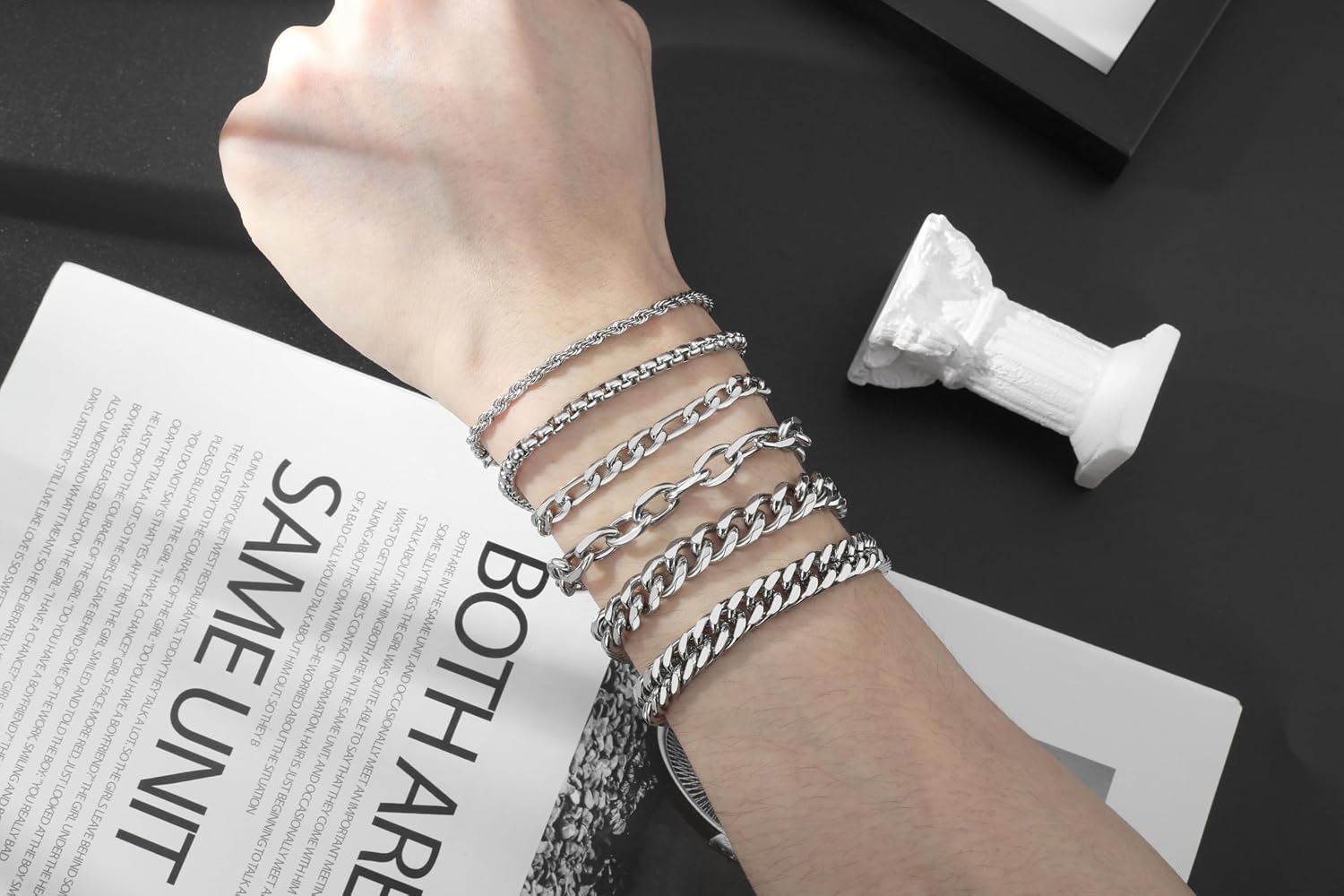 XIANNVXI 6pc Silver/Gold/Black Stainless Steel Bracelets for Men Gifts | 6.5/7/7.5/8.3/9 Inches Cuban Link Chain Bracelets Set Mens Fashion Accessories Jewelry Set