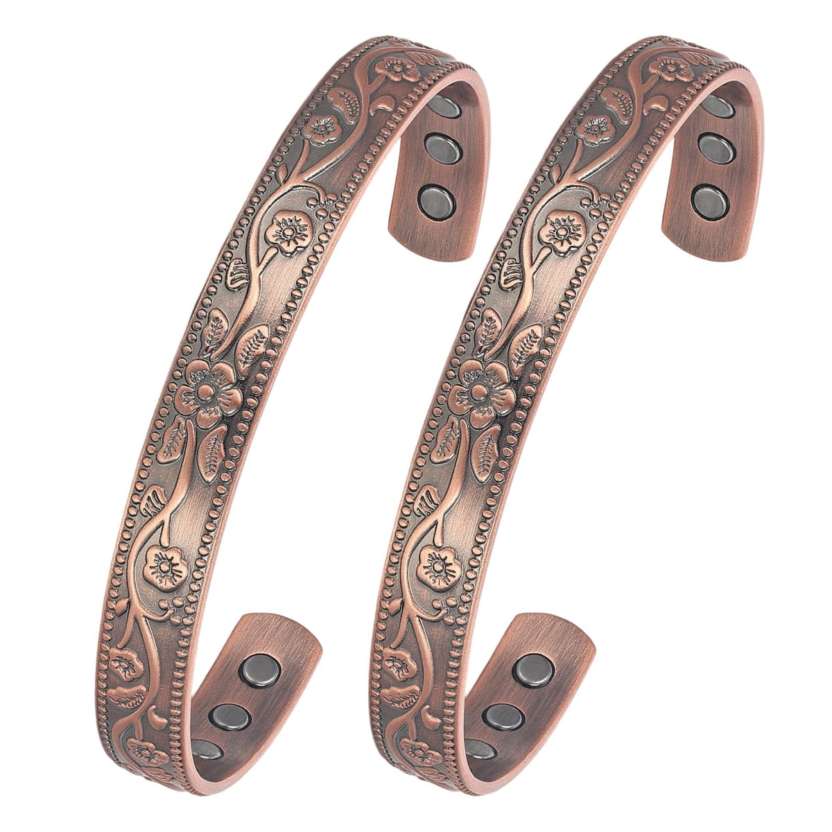 BioMag Copper Magnetic Bracelet Set for Women Men, Pure Copper Jewelry Gift | 99.99% Pure Copper Cuff Bangle Lymphatic Drainage Rings with 3500 Gauss Magnets, Adjustable & Flower Pattern, Multicolor
