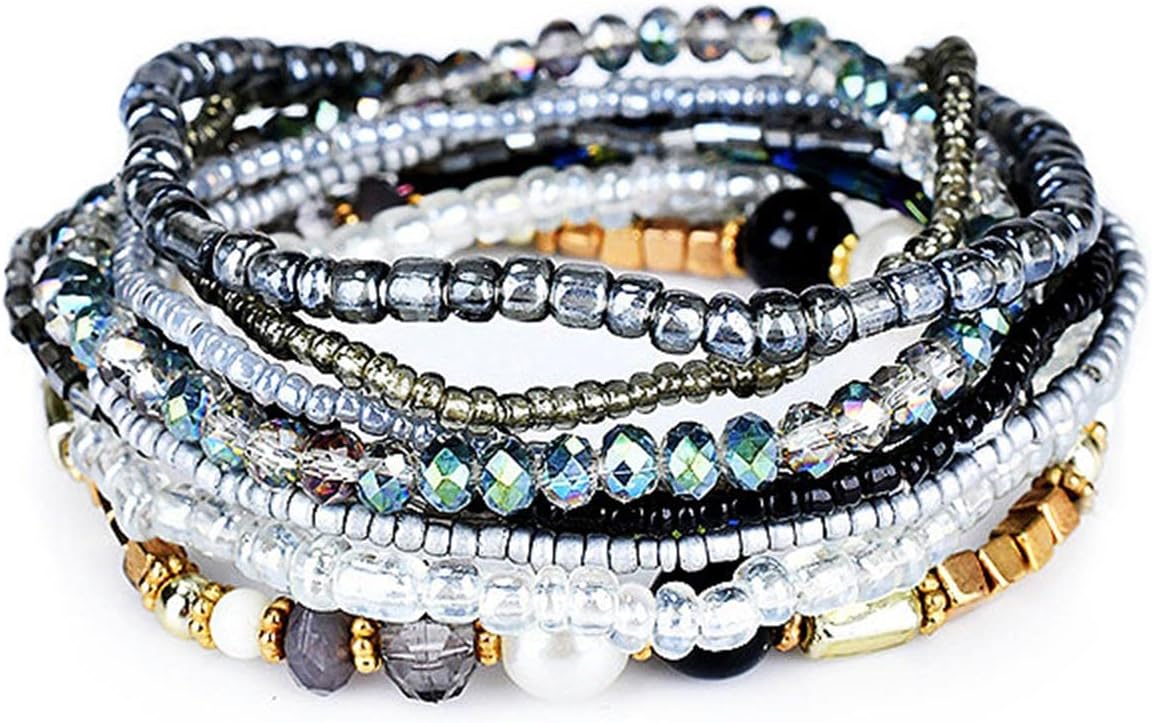 Bohemian Crystal Beaded Stackable Bracelets Handmade Colorful Crystal Pearl Seed Beads Bracelets for Women Jewelry