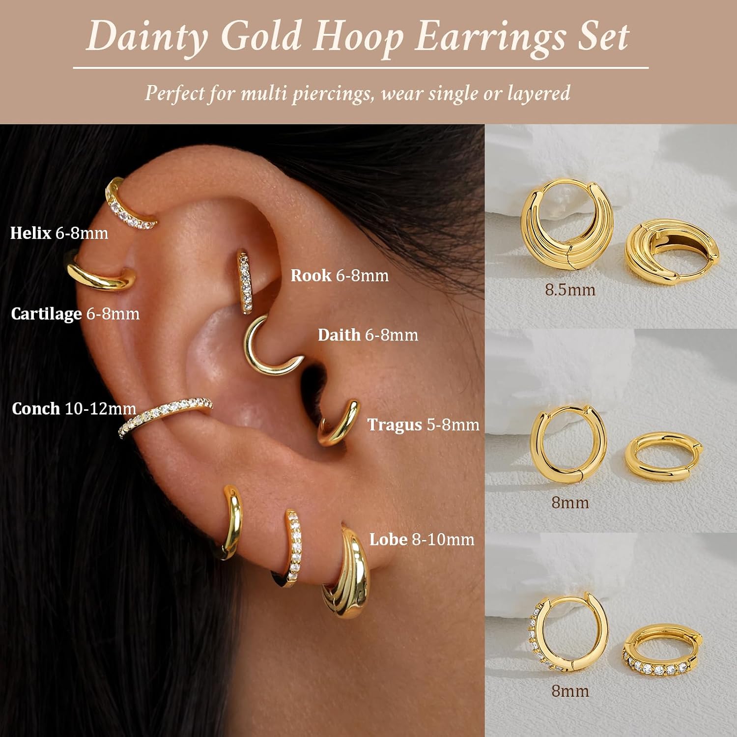 Small Sterling Silver Huggie Hoop Earrings Set for Women, Hypoallergenic 14K Gold Plated Hoops Stacks for Multiple Piercings, Dainty Cute Mini Lightweight Cartilage Studs Trendy Jewelry Gift