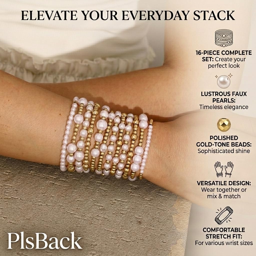 Gold Plated Bead & Pearl Bracelets for Women, 16PC Stackable Stretch Set | Elastic cord fits 6-7cm wrists; hypoallergenic, lead & nickel free; gift for Mom, Wife, Daughter, Birthday, Anniversary