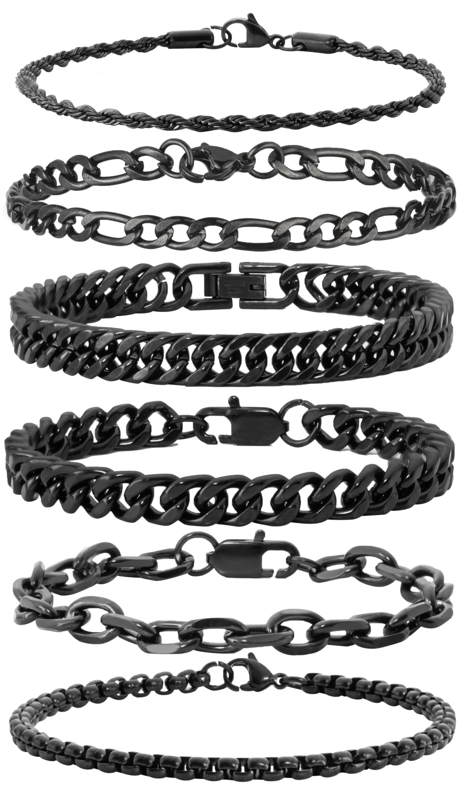 XIANNVXI 6pc Silver/Gold/Black Stainless Steel Bracelets for Men Gifts | 6.5/7/7.5/8.3/9 Inches Cuban Link Chain Bracelets Set Mens Fashion Accessories Jewelry Set