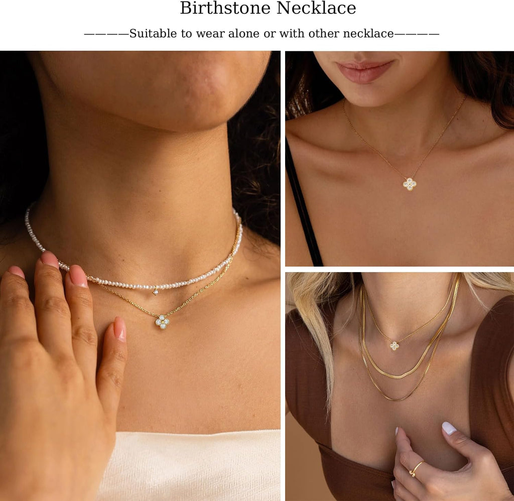 ZOERAY Dainty Birthstone Gold Clover Necklace for Women Trendy Non Tarnish | 14K Gold Plated, Clover Choker Necklace Stack, Cubic Zirconia Diamond Emerald Pendant, Personalized Jewelry Birthday Gifts
