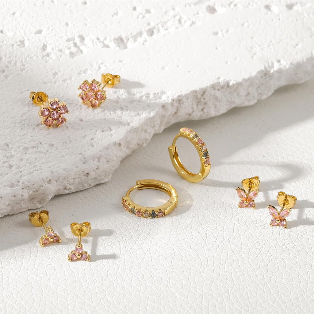 20G Gold Pink Studs Earrings for Women,14K Gold Plated Hypoallergenic Butterfly Earrings for Girls,4 Pairs Flower/Butterfly/Cubic Zirconia Cute Earring and Trendy Huggie Hoop Dainty Multipack Earring Sets