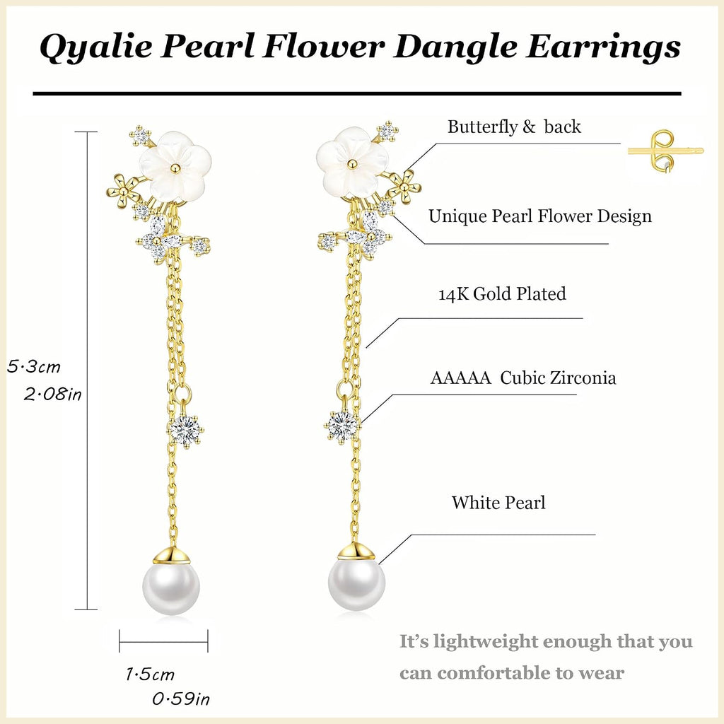 Dangle Pearl Drop Gold Earrings for Women Flower Wedding Jewelry | Dangling for Brides, Prom, Long Threader Chain, Trendy, Dainty, Sparkly CZ, Gifts for Women
