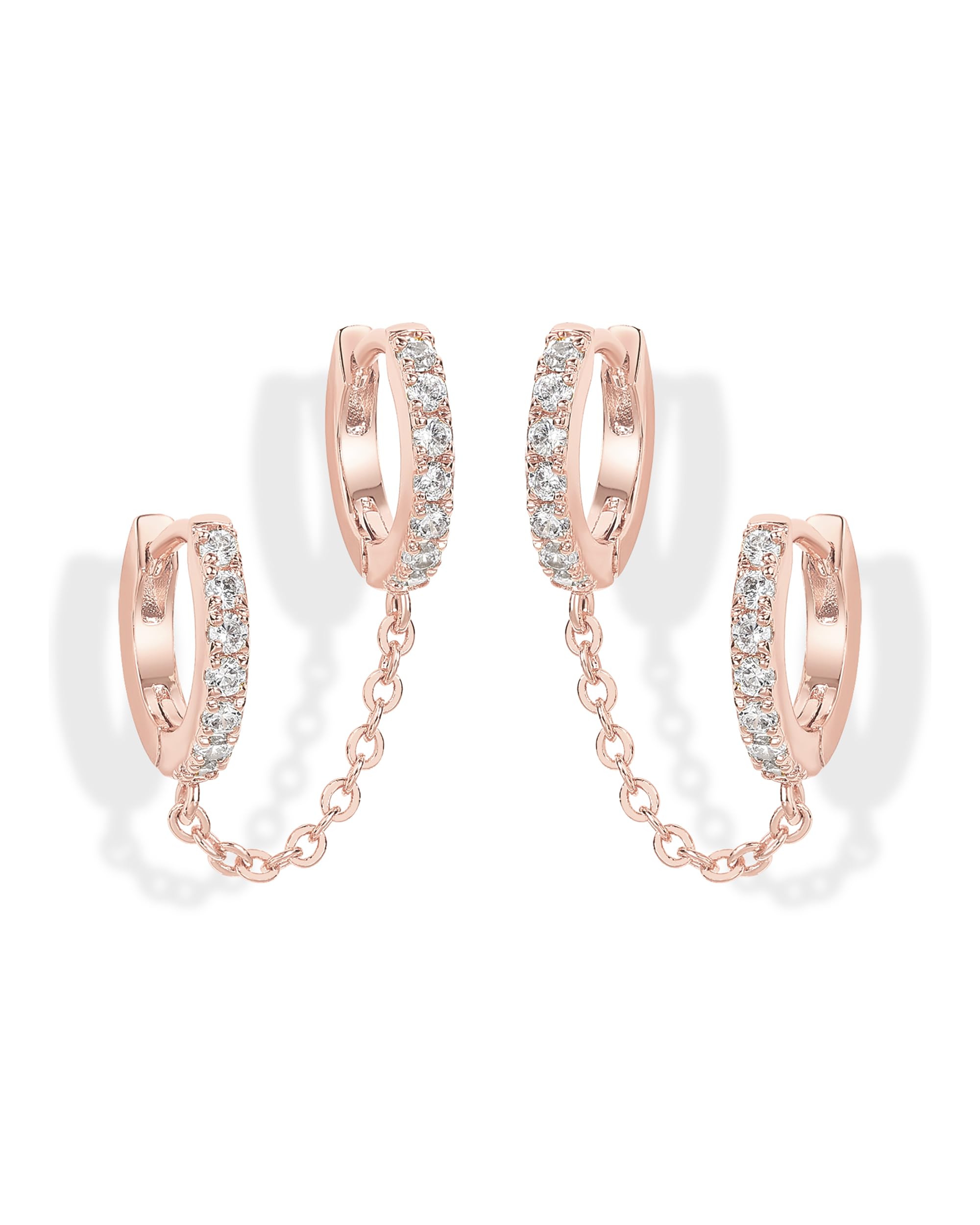 PAVOI 14K Gold Chain Earrings for Women | Double Piercing Dangle Chain Huggie Hoop Earrings | Cubic Zirconia Pearl Stud Ear Earrings for Women | Dangle Earrings for Women, Earring Stack, Ear Cuff Earrings, Cubic Zirconia Pearl Stud