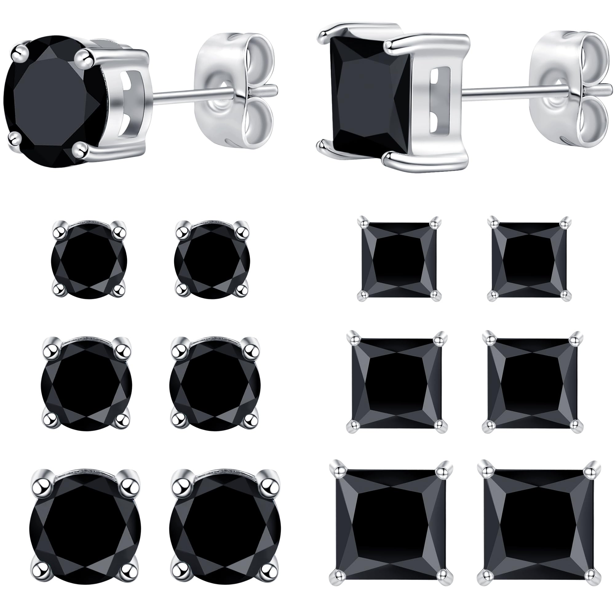 6 Pairs Stud Earrings for Men Women 316L Stainless Steel Earring | Hypoallergenic 3mm/5mm/7mm Princess & Round Cubic Zirconia Earring Set Surgical Steel CZ Ear Jewelry for Sensitive ears