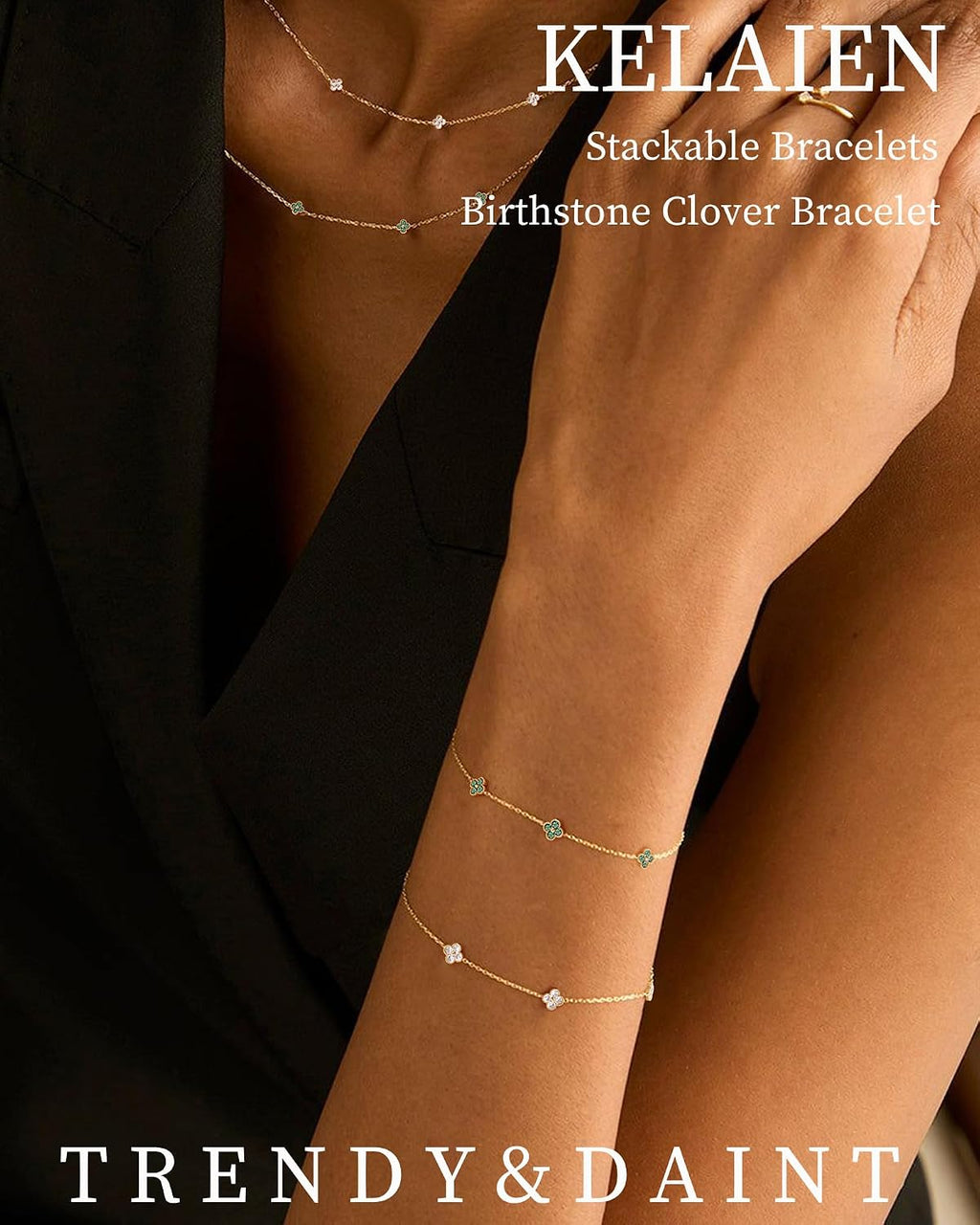Birthstone Gold Clover Bracelet for women Dainty Cute bracelets | 14K Gold Plated,Friendship Stackable Bracelets for Women No Tarnish,Trendy Charm Best Friend Bracelet Stack,Birthday Jewelry