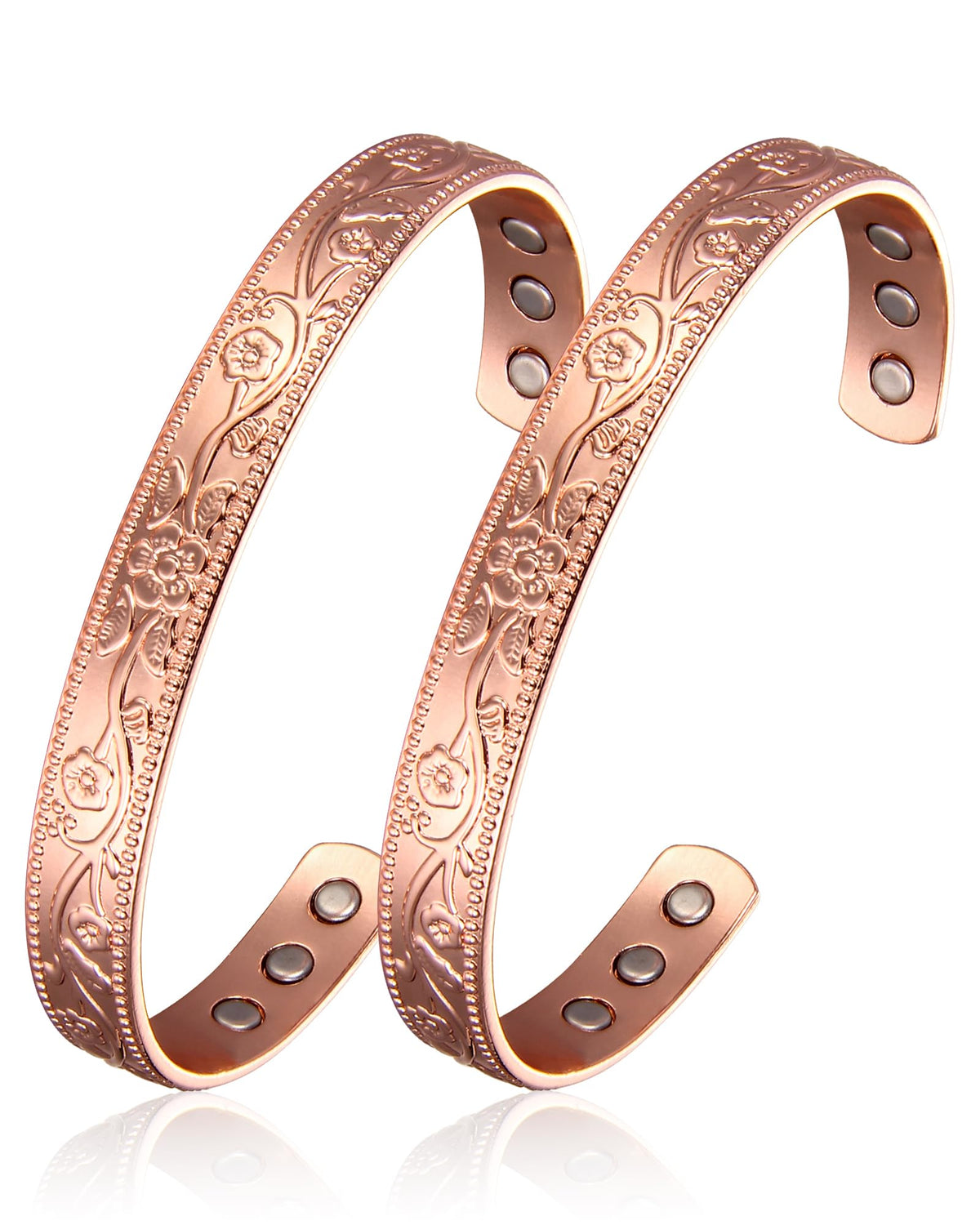 BioMag Copper Magnetic Bracelet Set for Women Men, Pure Copper Jewelry Gift | 99.99% Pure Copper Cuff Bangle Lymphatic Drainage Rings with 3500 Gauss Magnets, Adjustable & Flower Pattern, Multicolor