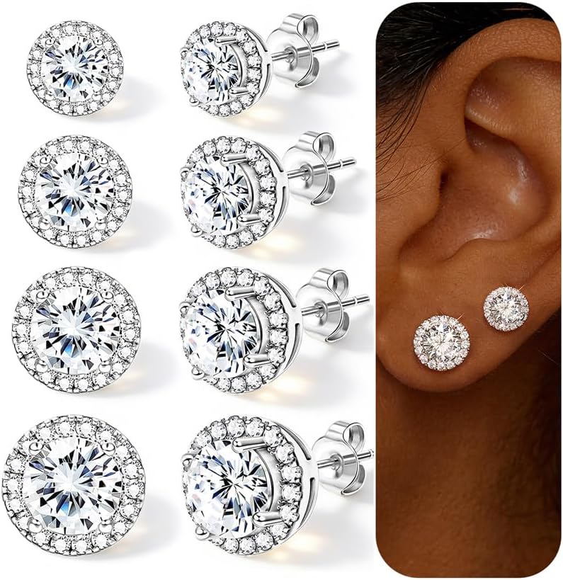4 Pairs Silver Stud Earrings for Women, 18K Silver Plated Hypoallergenic Premium Cubic Zirconia Earrings, Halo Round Square Stud Earrings Set for Women Men