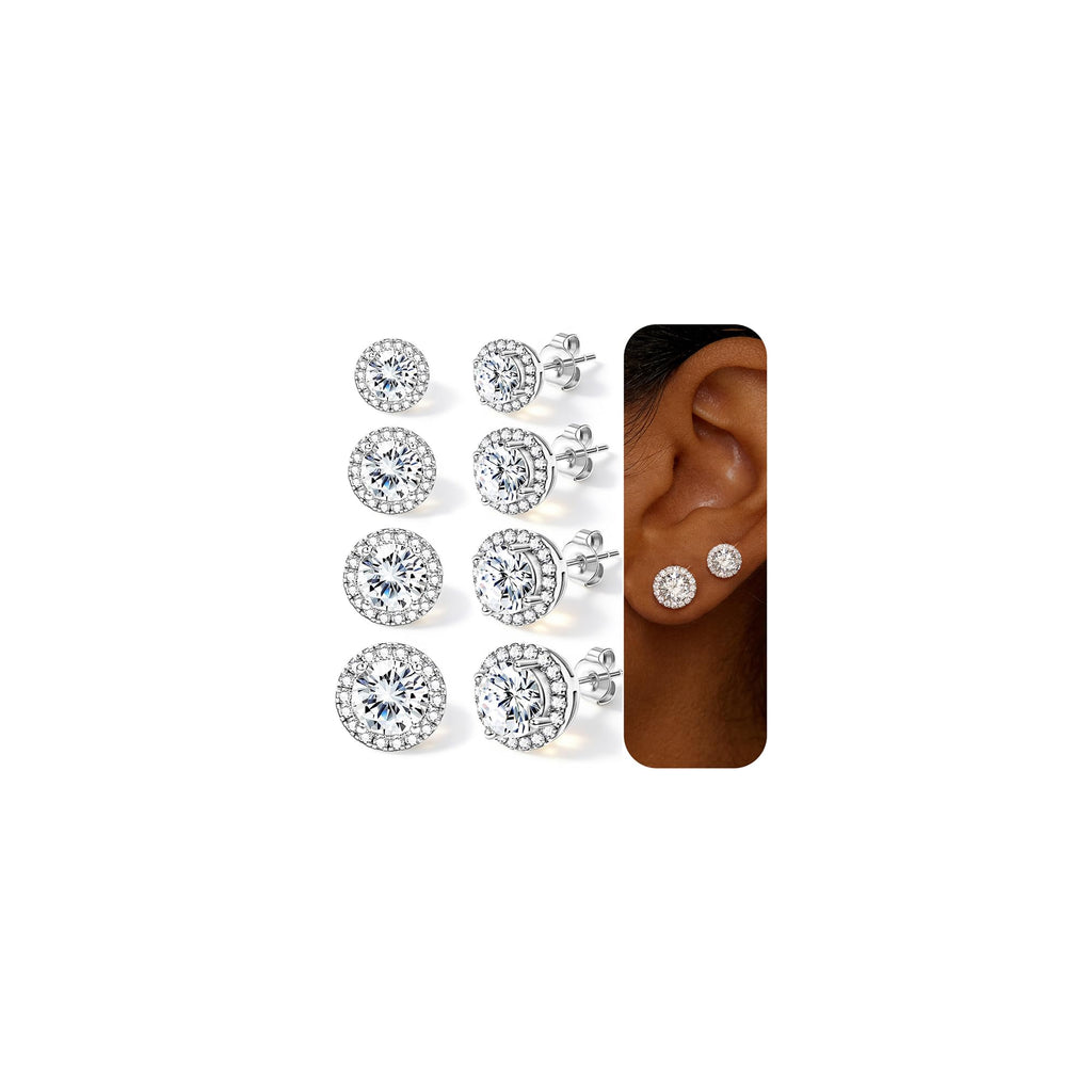 4 Pairs Silver Stud Earrings for Women, 18K Silver Plated Hypoallergenic Premium Cubic Zirconia Earrings, Halo Round Square Stud Earrings Set for Women Men