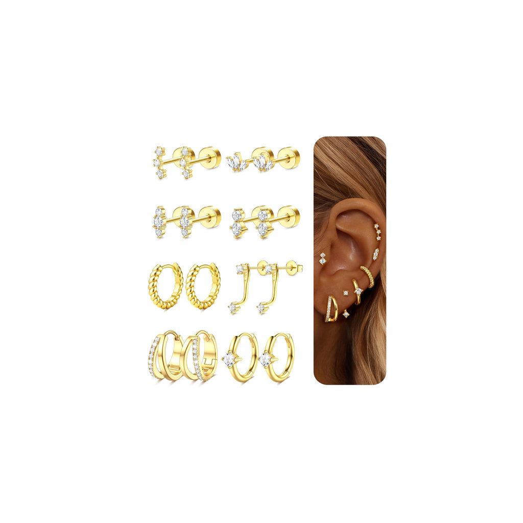 Gold Earrings for Women Flat Back Earrings Hypoallergenic Earring Stacks | 14K Gold Plated Surgical Stainless Steel Earring Set Chain Cartilage Earrings - Helix Piercing Jewelry for Women Trendy Gold