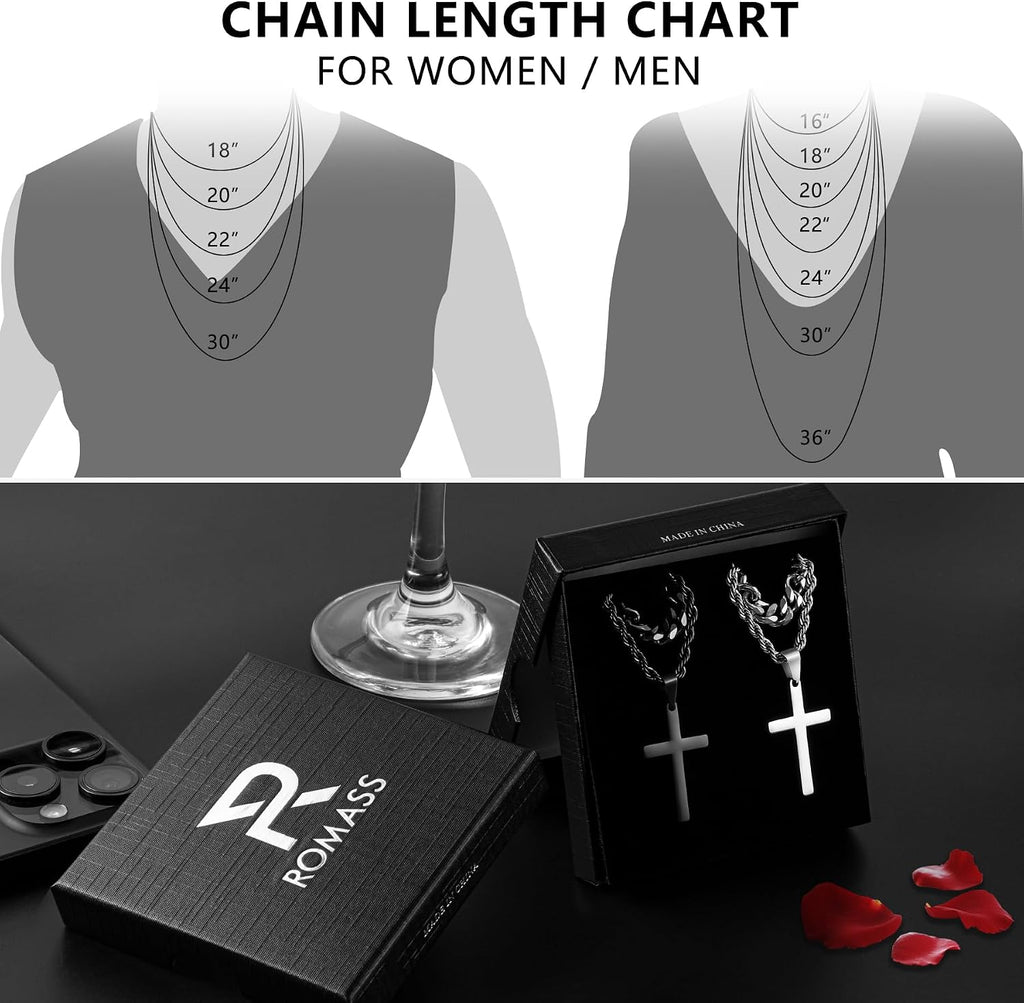 Romass 4Pcs Cross Necklace for Men Teen Boys,Stainless Steel Chains for Men Layered Necklaces Silver Gold Black Pendant Jewelry Box Gifts 18-24 Inches