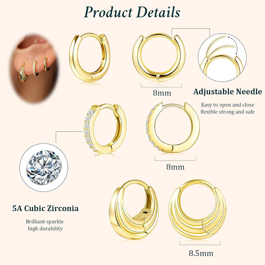 Small Sterling Silver Huggie Hoop Earrings Set for Women, Hypoallergenic 14K Gold Plated Hoops Stacks for Multiple Piercings, Dainty Cute Mini Lightweight Cartilage Studs Trendy Jewelry Gift