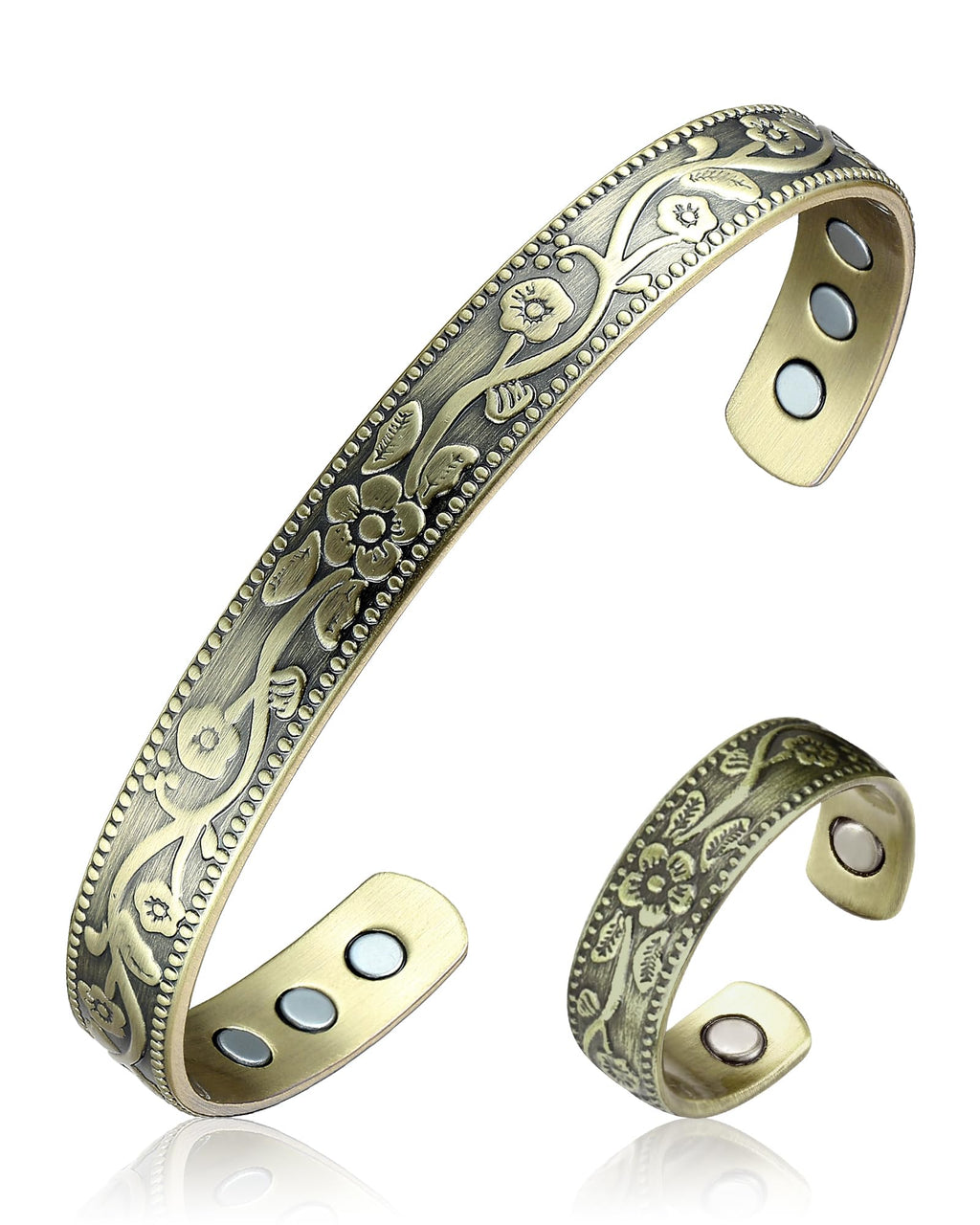 BioMag Copper Magnetic Bracelet Set for Women Men, Pure Copper Jewelry Gift | 99.99% Pure Copper Cuff Bangle Lymphatic Drainage Rings with 3500 Gauss Magnets, Adjustable & Flower Pattern, Multicolor