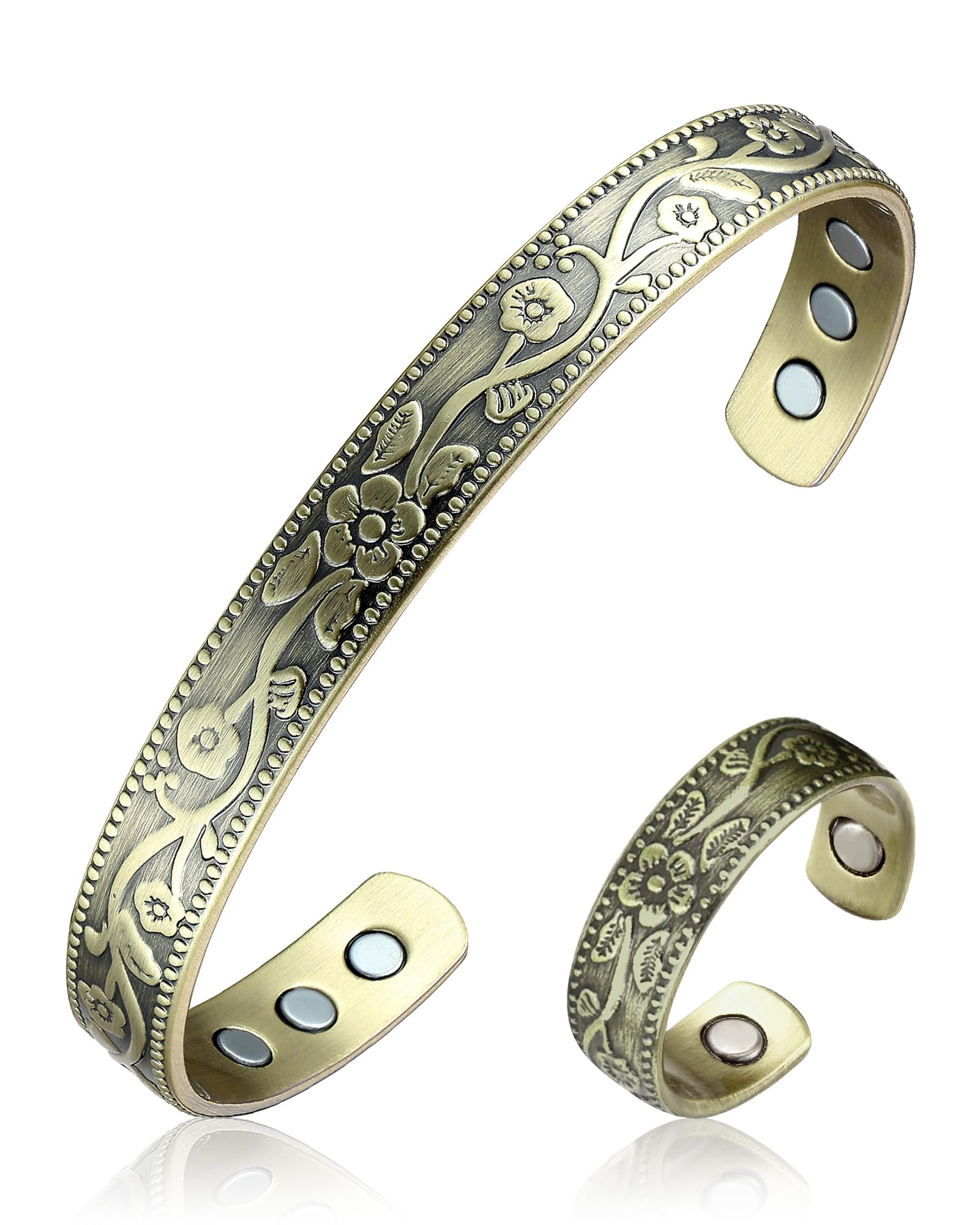 BioMag Copper Magnetic Bracelet Set for Women Men, Pure Copper Jewelry Gift | 99.99% Pure Copper Cuff Bangle Lymphatic Drainage Rings with 3500 Gauss Magnets, Adjustable & Flower Pattern, Multicolor