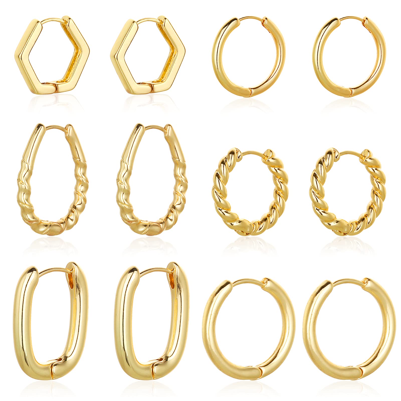 6 Pairs Chunky Gold Hoop Earrings for Women, 14K Gold Plated Hoop Earrings Hypoallergenic, Thick Lightweight Twisted Huggie Hoops Earring Set for Women’s Jewelry GIfts