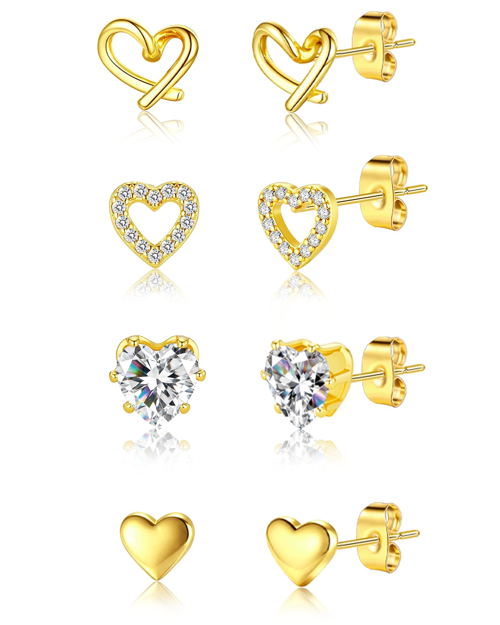 5 Pairs 14K Gold Plated Stud Earrings for Women, CZ Multiple Piercing Set | Hypoallergenic CZ Stud Earrings Set, 3-7mm Cubic Zirconia, Lightweight Comfortable Studs, Non Tarnish Jewelry, Gift for Women