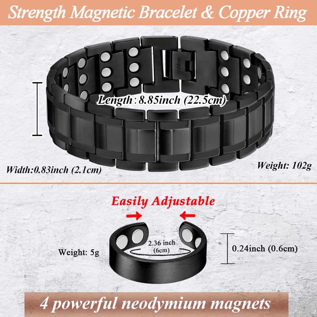 Copper Magnetic Bracelet for Men Strong Magnets Cooper Bracelet | Real Solid Pure Copper, Adjustable, with Sizing Tool & Present Box, Daily Wrist Comfort