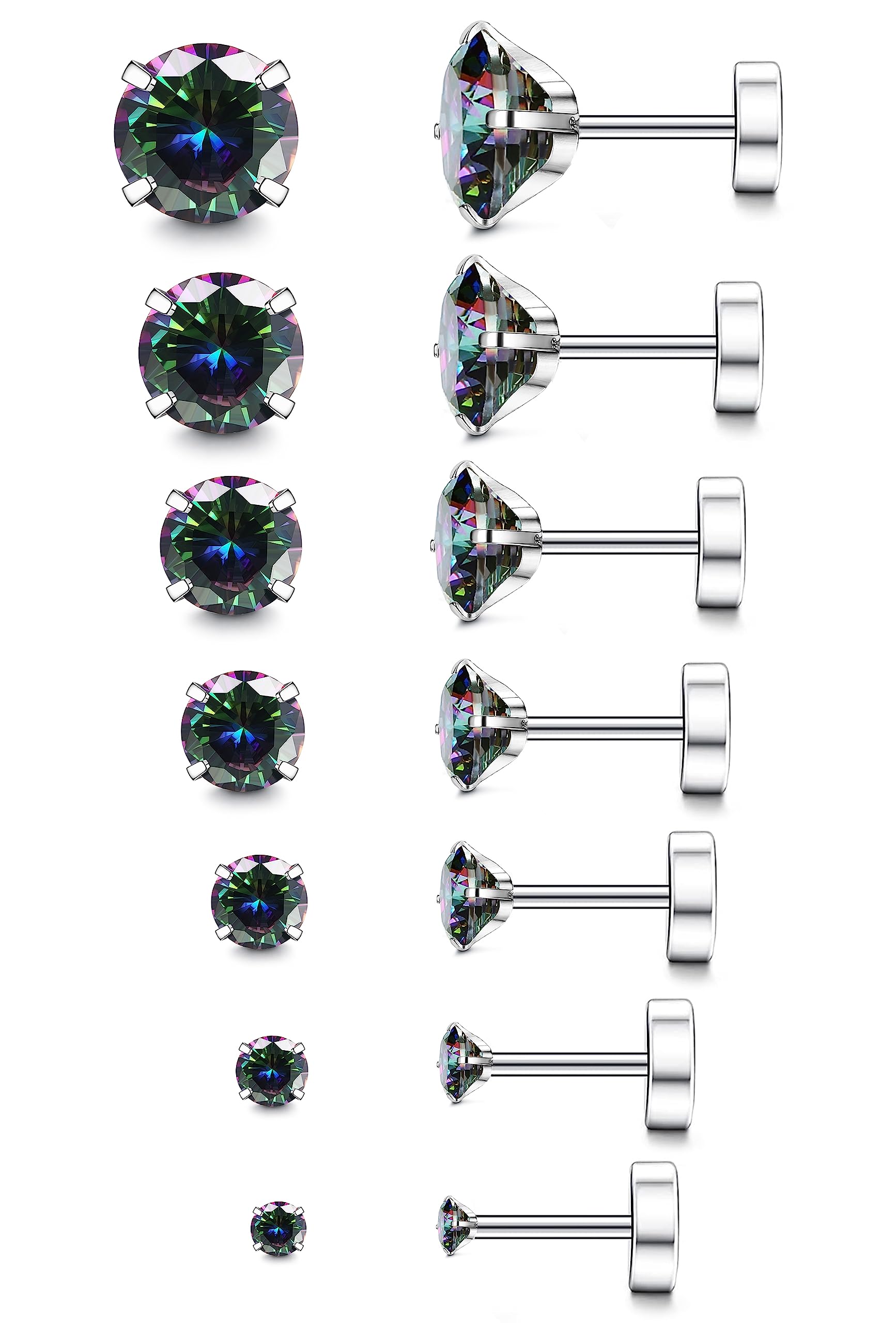 20G Hypoallergenic Flat Back Earrings for Women Men Silver 14K Gold Stainless Steel Stud Earrings Birthstone Cubic Zirconia Studs Surgical Steel Cartilage Earrings for Sensitive Ears