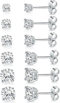 18K White Gold Plated Round Cubic Zirconia Stud Earrings Pack, 6 Pairs
