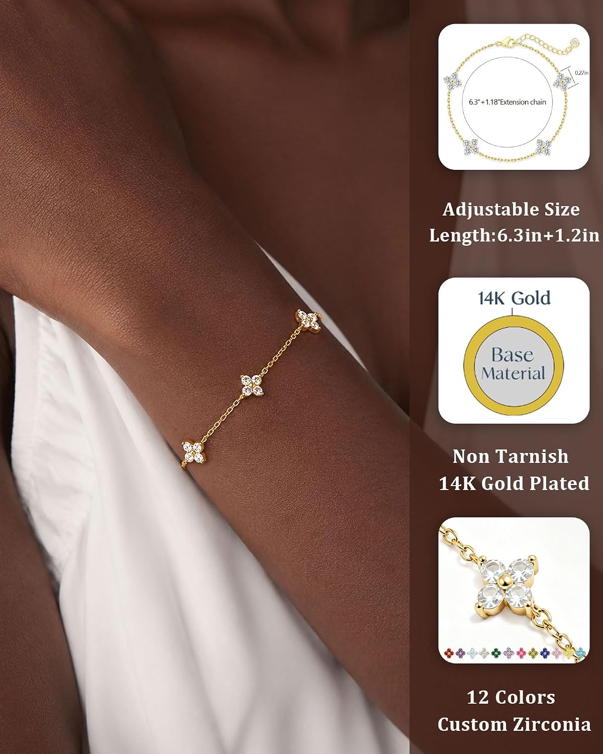 Clover Birthstone Gold Bracelets for Women Trendy Non Tarnish Gifts | Dainty Gold Bracelet Stack, 14K Gold Plated, Cute Stackable Charm Bracelet, Friendship Wedding Gold Jewelry, Birthday Gifts