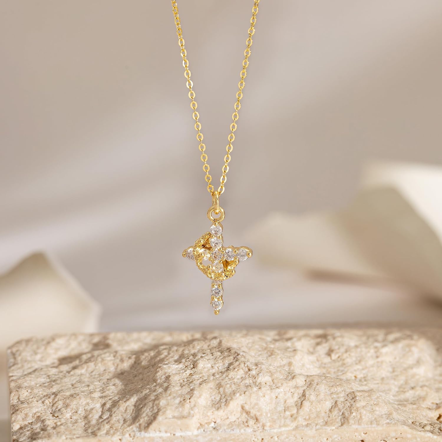 Robaice Upgraded Crown Cross Necklace for Women, 14K Gold Plated | Non-Tarnish Dainty Christian faith pendant for Gifting, first communion, baptism, birthdays and everyday wear
