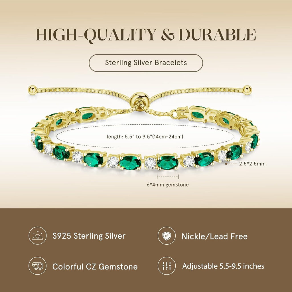 FANCIME 14K Gold Plated Sterling Silver Birthstone Bolo Tennis Bracelets