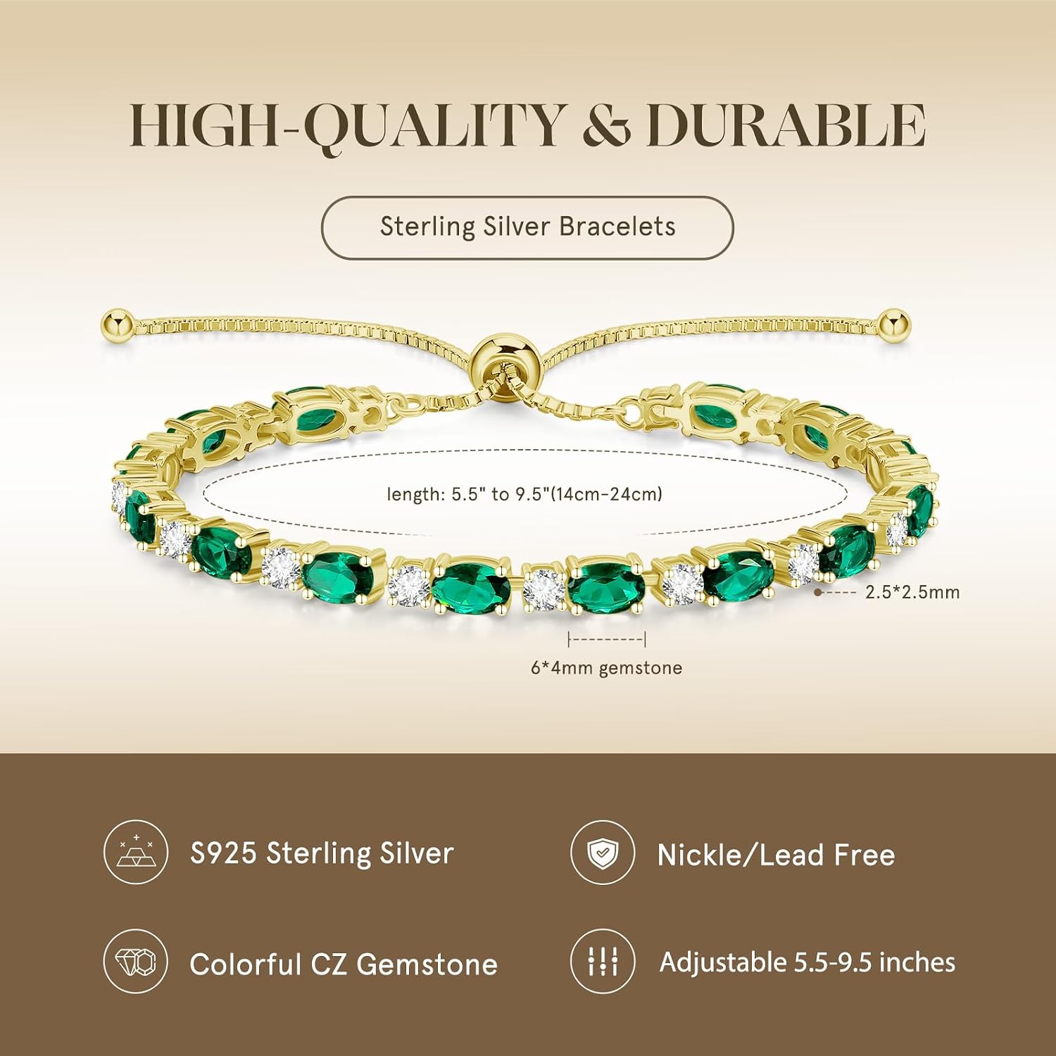 FANCIME 14K Gold Plated Sterling Silver Birthstone Bolo Tennis Bracelets