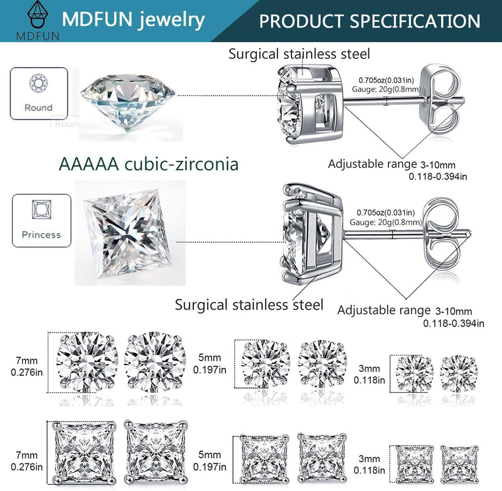 6 Pairs Stud Earrings for Men Women 316L Stainless Steel Earring | Hypoallergenic 3mm/5mm/7mm Princess & Round Cubic Zirconia Earring Set Surgical Steel CZ Ear Jewelry for Sensitive ears