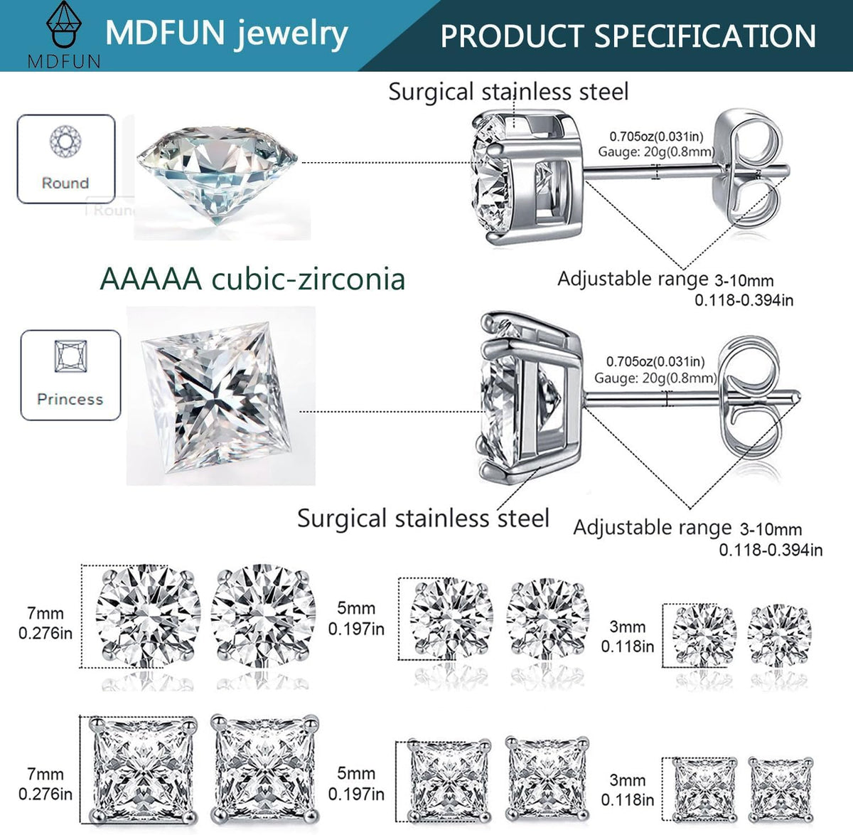 6 Pairs Stud Earrings for Men Women 316L Stainless Steel Earring | Hypoallergenic 3mm/5mm/7mm Princess & Round Cubic Zirconia Earring Set Surgical Steel CZ Ear Jewelry for Sensitive ears