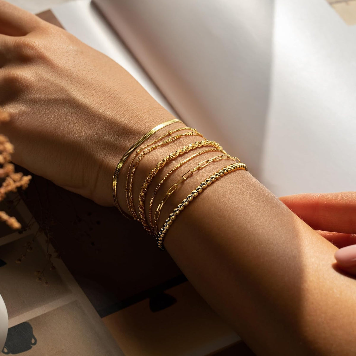 M MOOHAM 7PCS Gold Bracelets for Women, 14K Gold Plated Beaded Bracelet Set | Rope Paperclip Chain Stackable Bracelet, Non Tarnish Bracelet Stack, Friendship Birthday Jewelry, Gifts for Women Teen Girls