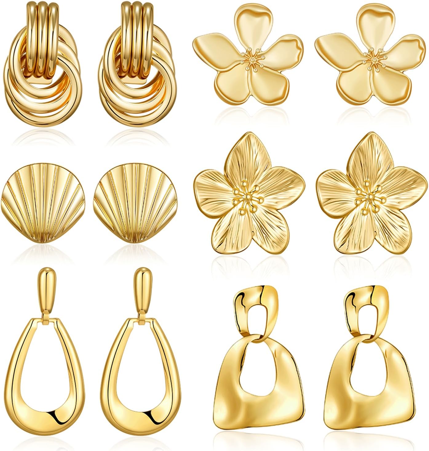 Chunky Gold Earrings For Women Trendy Statement Gold Plated Flower Shell Knot Dangle Earrings Lightweight Hypoallergenic Fashion Jewelry Set