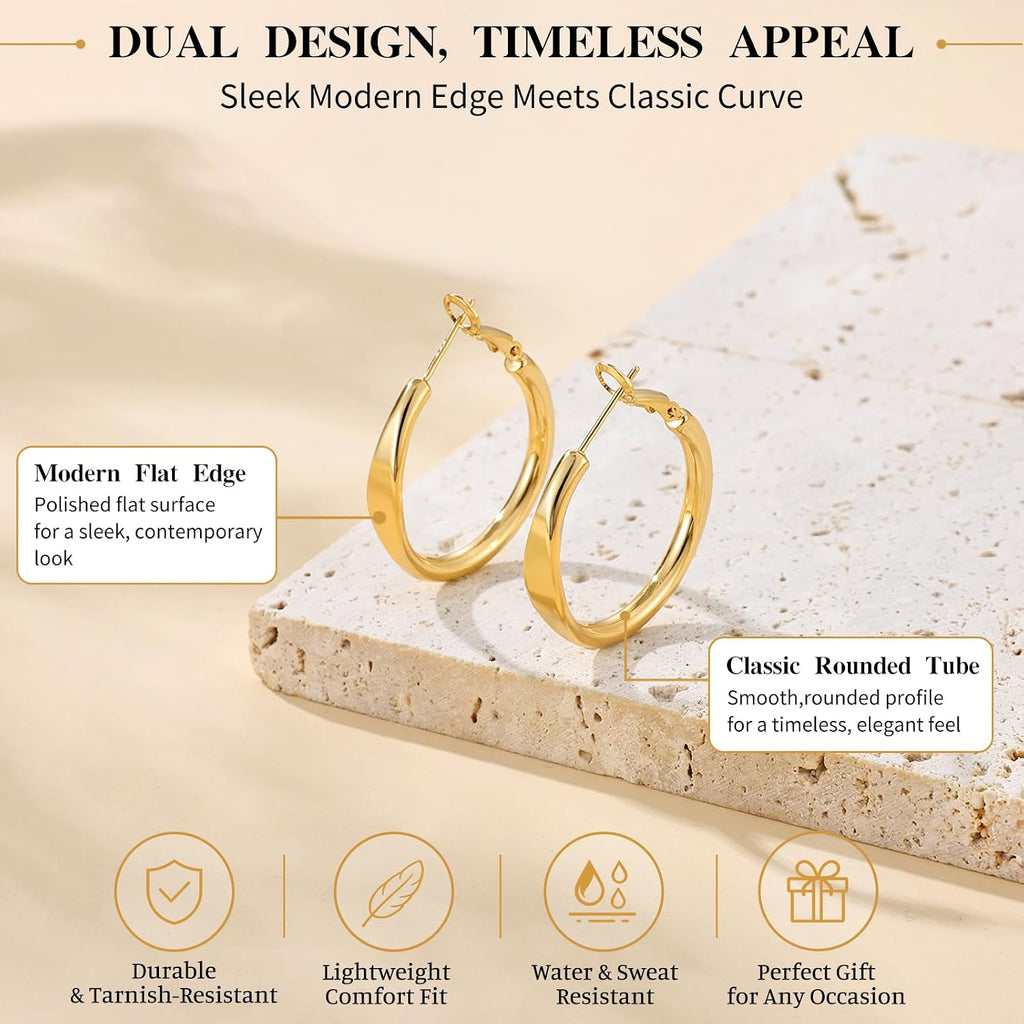 sovesi Flat Edge Chunky 14k Gold Plated Hoop Earrings for Women Trendy | 5mm Thick Hoops, Lightweight Hypoallergenic Hoop Earrings