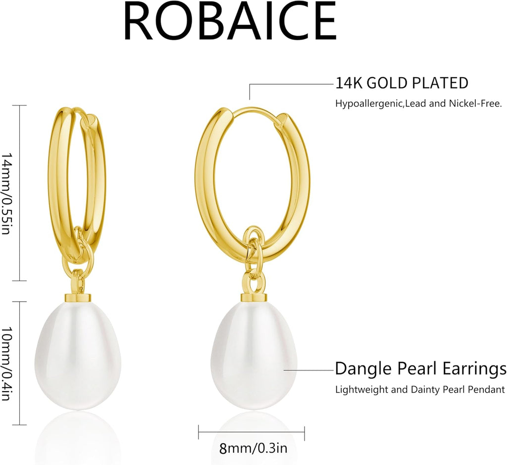 Robaice Pearl Earrings for Women, 14K Gold Plated Dangle Drop Earrings | Small Pearl Drop Huggie Hoop Earrings, Hypoallergenic Dainty Gold Earrings, Wedding Jewelry Gifts for Women Trendy