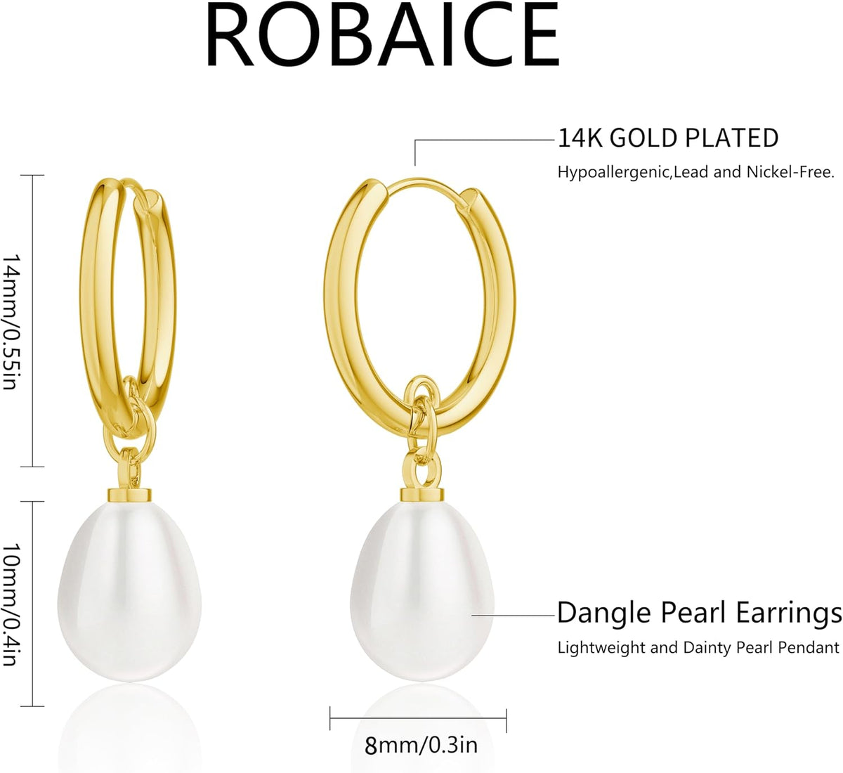 Robaice Pearl Earrings for Women, 14K Gold Plated Dangle Drop Earrings | Small Pearl Drop Huggie Hoop Earrings, Hypoallergenic Dainty Gold Earrings, Wedding Jewelry Gifts for Women Trendy