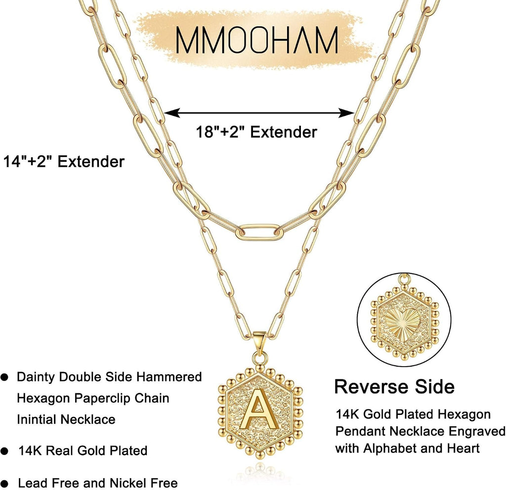 M MOOHAM Dainty Initial Necklaces for Women, 14K-Gold-Plated Layering Necklace for Women Cute Hexagon Letter Initial Necklace Layered Necklaces for Womens Teen Girl Gifts