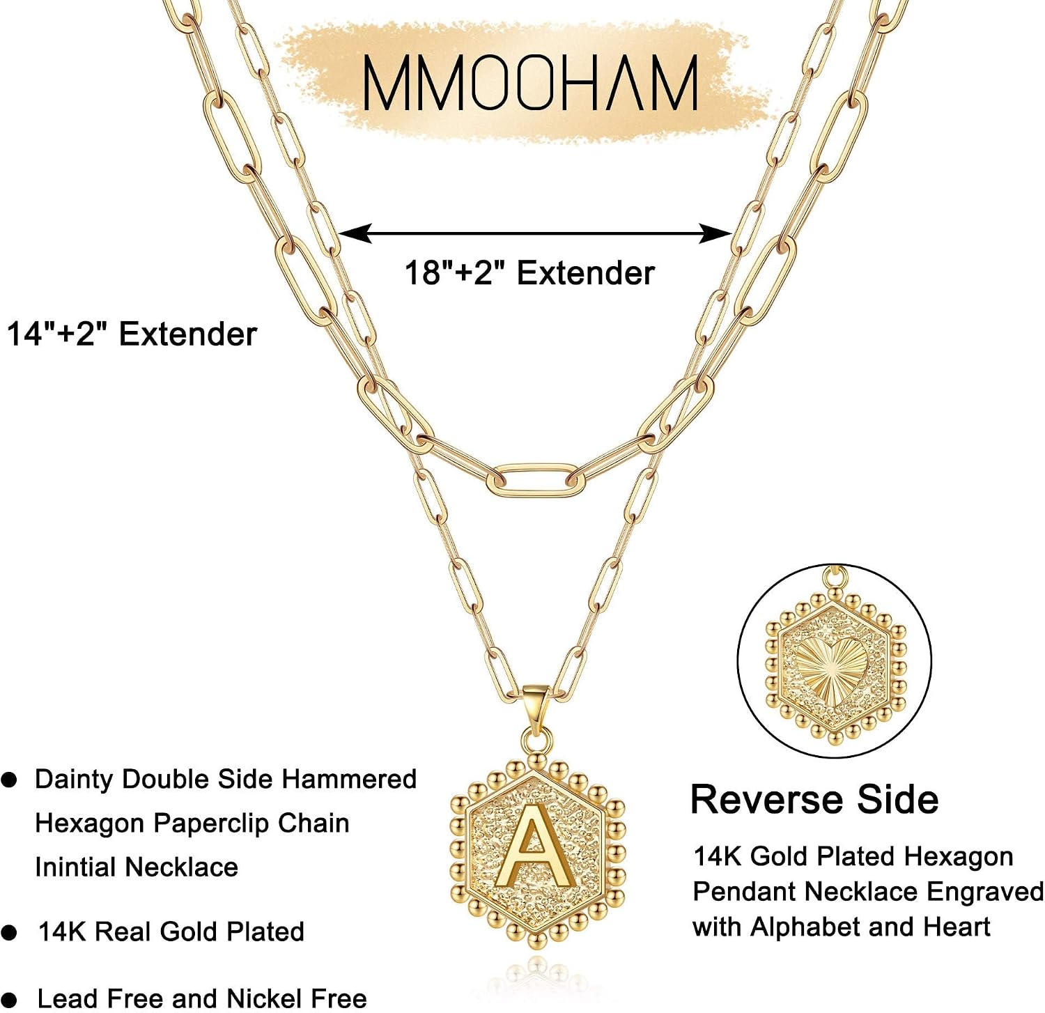 M MOOHAM Dainty Initial Necklaces for Women, 14K-Gold-Plated Layering Necklace for Women Cute Hexagon Letter Initial Necklace Layered Necklaces for Womens Teen Girl Gifts